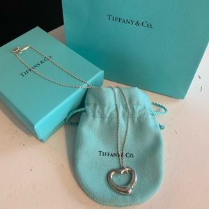 Tiffany & Co. open heart pendant necklace with box, pouch and bag.